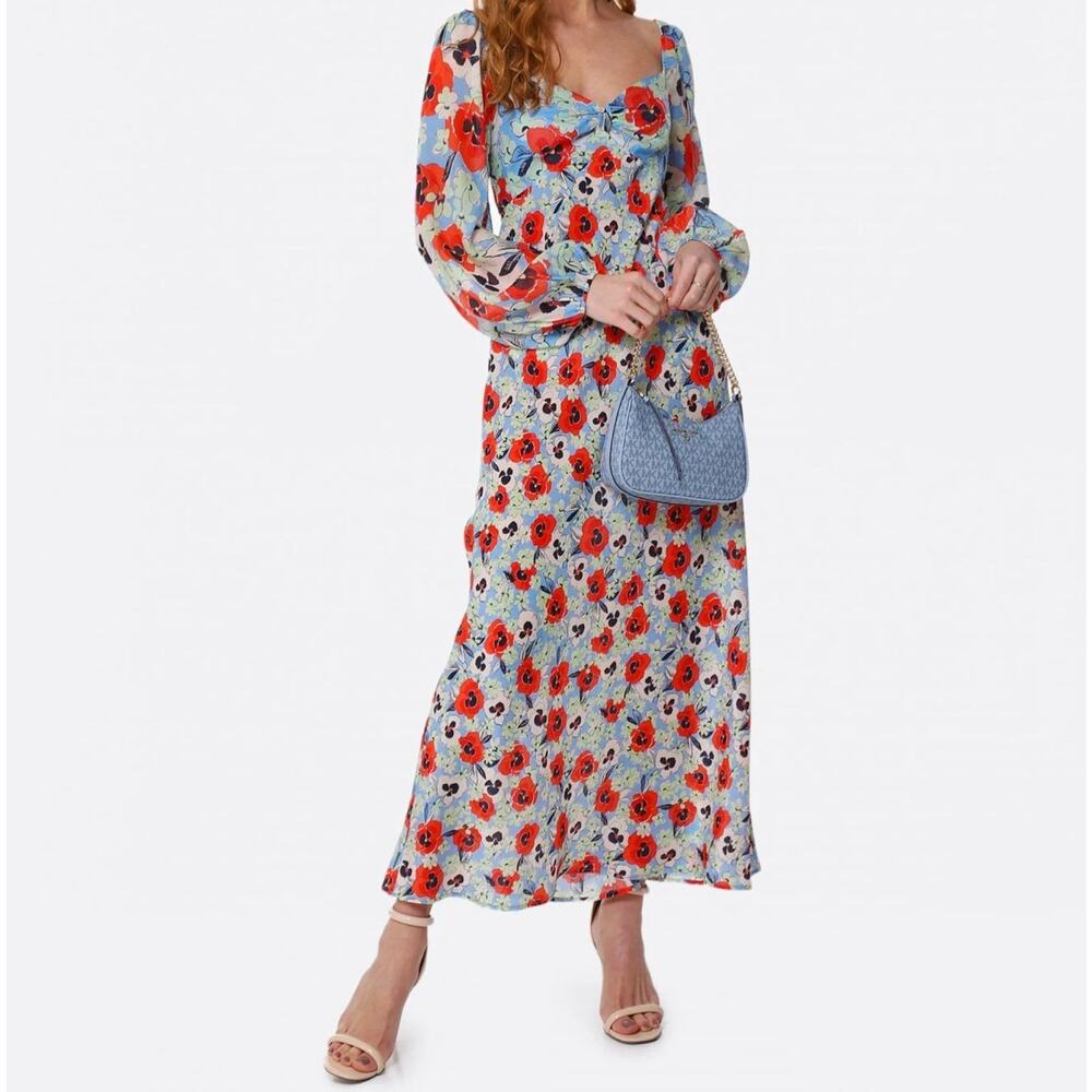 Rixo Gio Floral Silk Chiffon Long Dress Long Puff Sleeves Womens Size Medium EUC